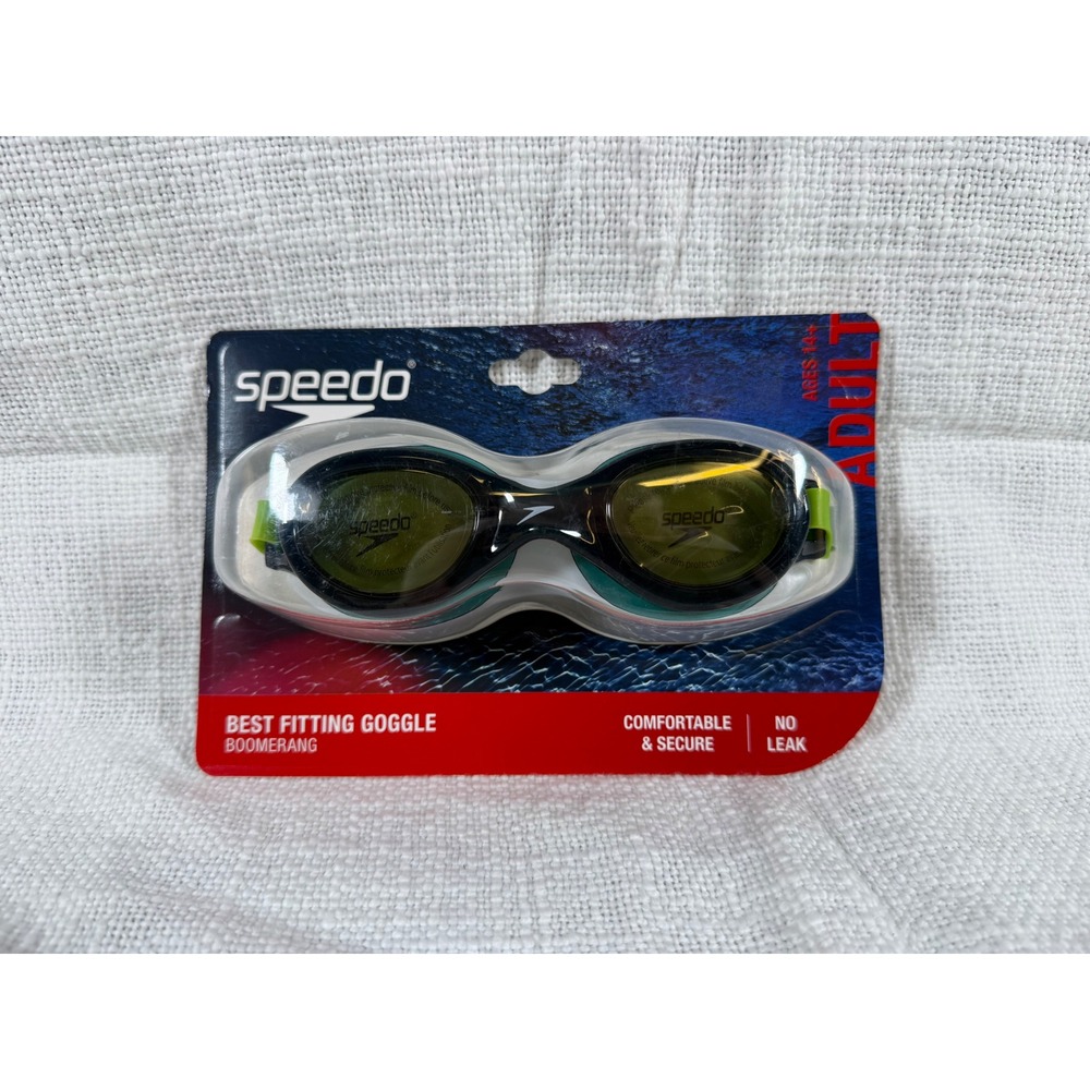 Speedo Boomerang Adult Swim Goggles Black Green Anti Fog UV Protection‎ NEW